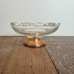 Vintage Clear Glass Candy‎ Dish Bowl with Copper Metal Pedestal Base